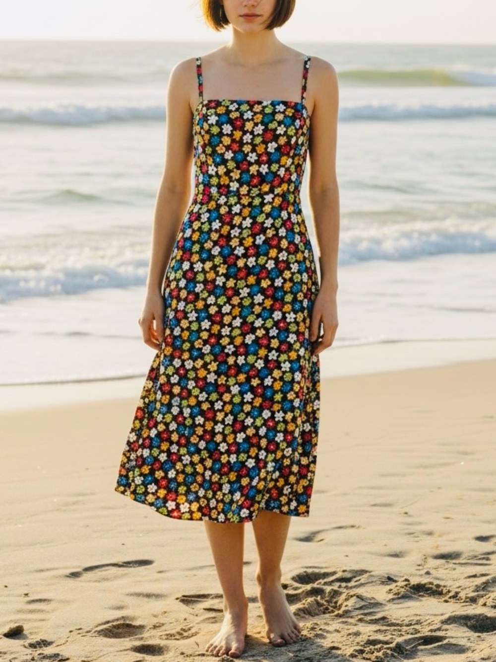 Reformation Danica in Afternoon Floral Smocked Back Black Midi Dress Size 4